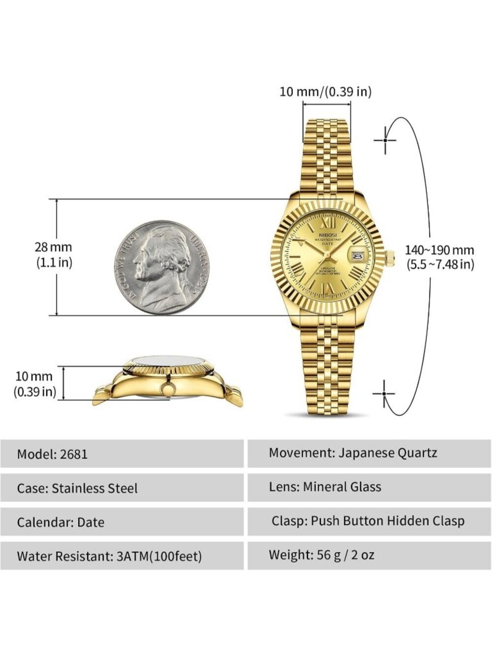 Nibosi Women's All Gold Analog Quartz Stainless Steel Waterproof Luxury Watch - Picture 3 of 6